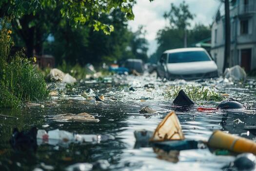 Flooded street littered with trash and debris. photo