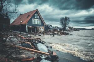 Flood-damaged houses near a river under a stormy sky. photo