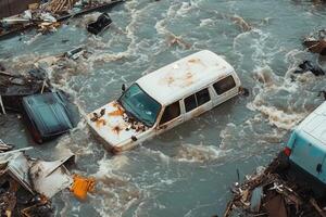 Flooded street with submerged vehicles and debris. photo