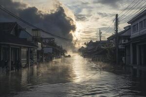 Flooded street scene at sunrise, mist rising from water, houses partially submerged. photo