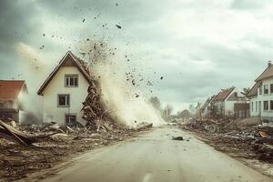 House demolition debris cloud street. photo
