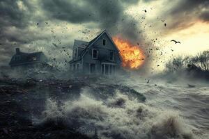 House engulfed in flames during a powerful storm and flood. photo
