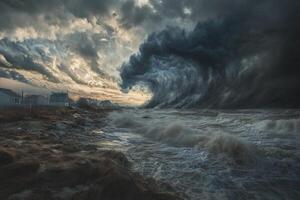 Immense dark wave approaching coastal houses during dramatic sunset. photo