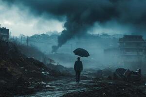 Lone man walks with umbrella in polluted, desolate town. photo