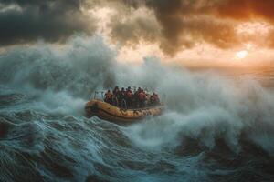 Inflatable raft navigating tumultuous ocean waves during dramatic sunset. photo