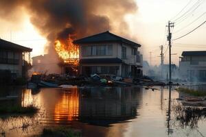 House fire amidst flood, debris, and smoke. photo