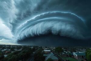 Immense, dark storm clouds over suburban houses. photo