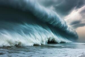 Immense ocean wave crashing on shore under dramatic, dark clouds. photo