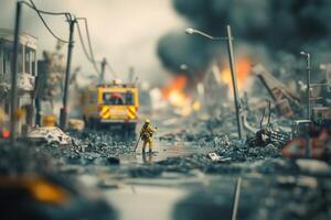 Miniature firefighter amidst urban disaster scene, smoke, flames, debris. photo