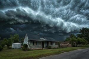 Ominous storm clouds loom over a small house. photo
