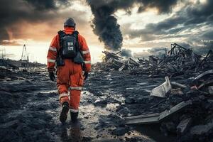 Lone first responder walks through post-disaster debris field, smoke billowing in background. photo