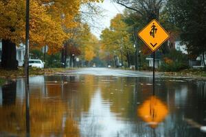 Flooded street in autumn with fallen leaves and warning sign. photo