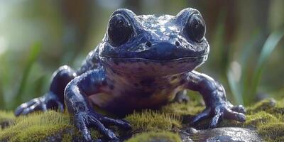 Detailed Close up of a Dark Salamander on Mossy Rocks in a Forest photo