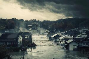 Flooded village under a stormy sky. photo