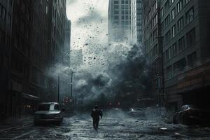 Man walks away from a massive dark wave crashing through city streets. photo
