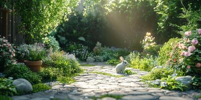 Adorable White Rabbit in Sunlit Garden Path photo