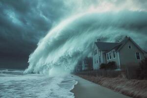 Huge wave crashing over coastal house during storm. photo