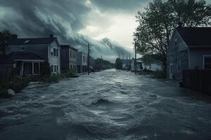 Floodwaters inundate a residential street, houses partially submerged under stormy skies. photo