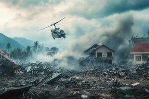 Helicopter rescue operation over a disaster zone with rubble, smoke, and damaged buildings. photo