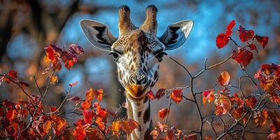 Giraffe Eating Leaves in Autumn Wildlife Portrait 8K photo