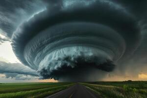 Imposing supercell thunderstorm over flatlands. photo