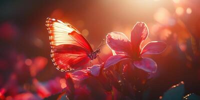 Red Butterfly on Pink Flower Sunset Nature Background photo