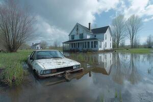 Flooded rural landscape with abandoned car and house. photo