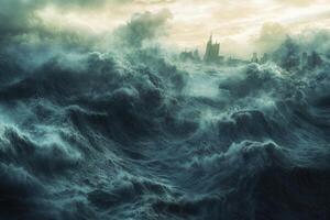 Stormy seas engulfing a distant city skyline. photo