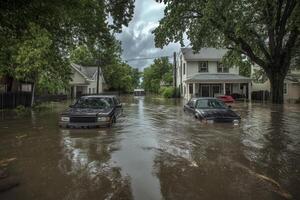 Flooded residential street with submerged cars. photo