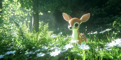Adorable Baby Deer in Sunlit Forest Meadow photo