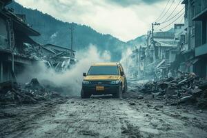 Yellow vehicle drives through a disaster-stricken town, amidst rubble and smoke, mountains in the background. photo
