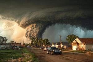 Immense dark storm cloud over suburban street. photo