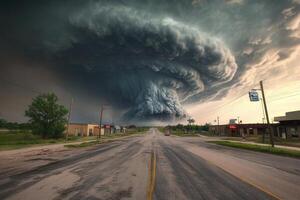 Immense, dark storm cloud over a small town road. photo