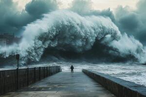 Person standing on a pier facing a massive, powerful ocean wave during a dramatic storm. photo