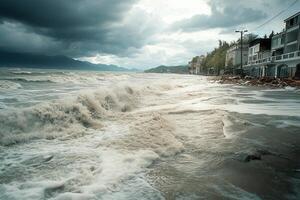 Stormy sea waves crashing on a coastal town. photo