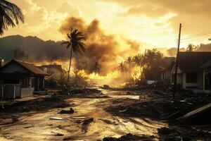 Sunset over a village devastated by a natural disaster, showing fire, destruction, and debris. photo