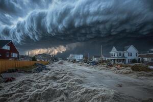 Storm surge floods residential street, houses threatened by ominous clouds. photo