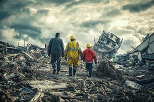 Three rescue workers walk through debris after a disaster. photo