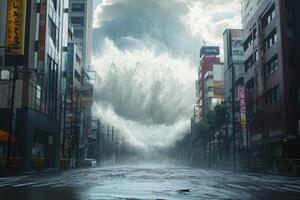 Tsunami wave crashing through city street. photo