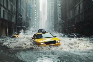 Yellow cab navigating flooded city street during heavy rainfall. photo