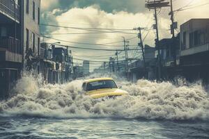 Yellow car drives through flooded city street during storm. photo
