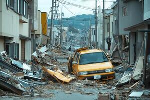 Yellow car trapped in debris-filled street after natural disaster. photo
