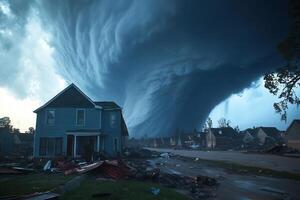 House threatened by massive, dark, rotating storm cloud. photo