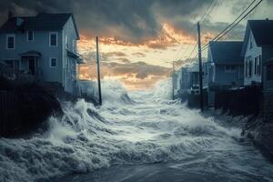 Storm surge floods residential street at sunset. photo