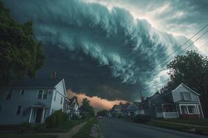 Immense storm clouds loom over a residential street. photo