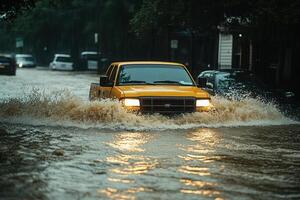 Yellow truck driving through flooded city street during heavy rain. photo