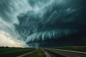 Immense, dark storm clouds over a highway and fields. photo