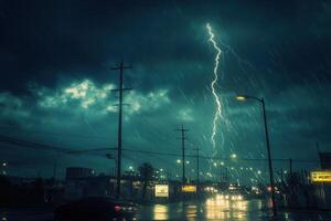 Lightning strike over rain-soaked city street at night. photo