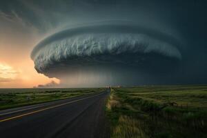 Massive dark storm cloud over flat road and grassland at sunset. photo