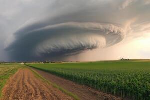 Imposing supercell thunderstorm over rural farmland, dramatic sky. photo